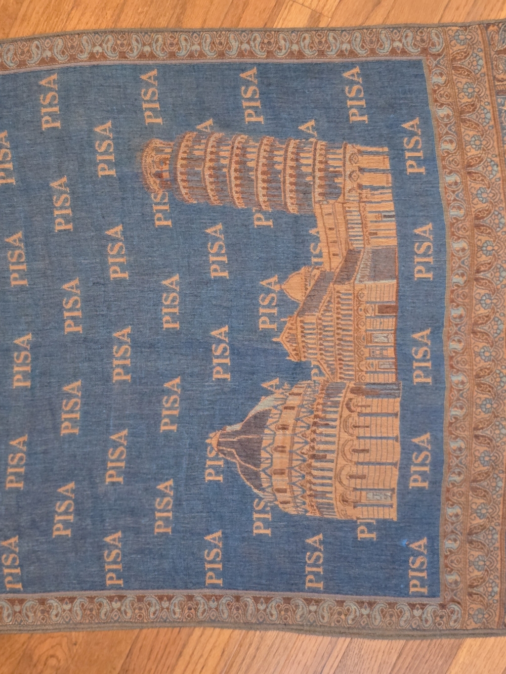 100% pashmina Blue and Tan Pisa Paisley Jacquard Scarf Italy